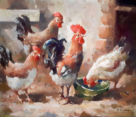 2072-T2 | 50cm x 61cm | poules picorant 